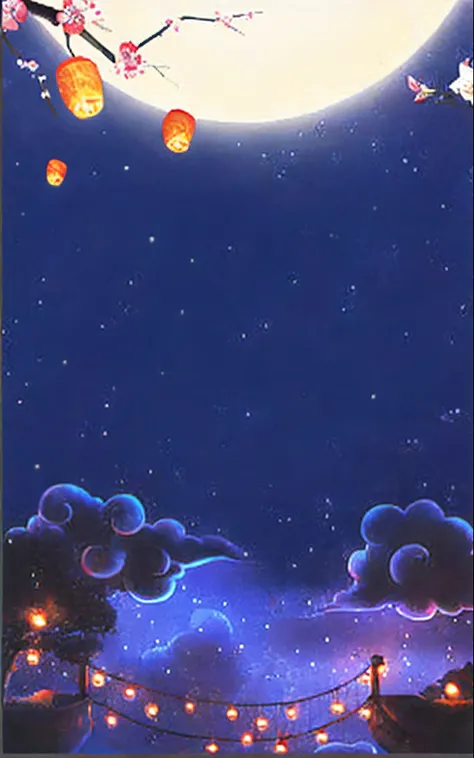 nigh sky，starrysky，the night，themoon，moon full，peach blossom，Kongming Lantern，lanterns， delicated，Sequins，glittery， Generate more detail，Light of Arizawa， modern day， style of anime，Two-dimensional， anime big breast， modern day， afofuturism， View of whole ...