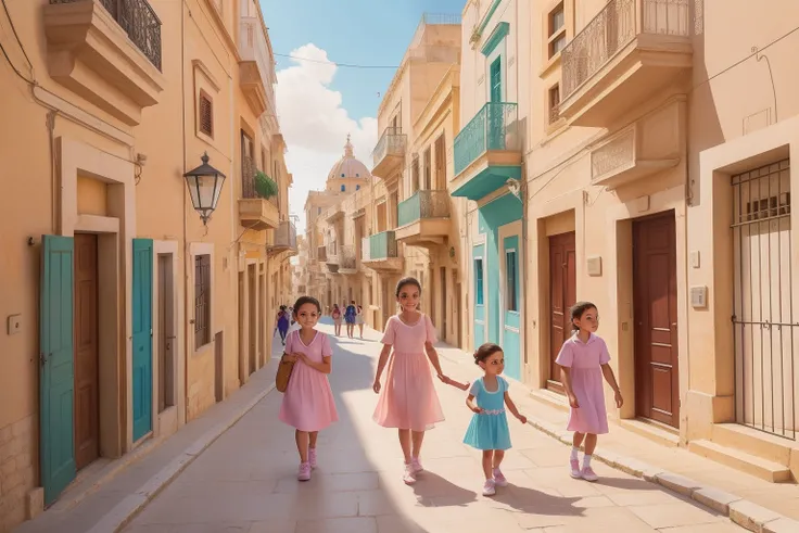 Year: 2021
Country: Malta
Description: In the charming streets of Valletta, an upper-middle-class family enjoys a leisurely stroll. The tween daughter wears a pastel dress that matches the colorful facades of the buildings. They pause to admire the iconic ...