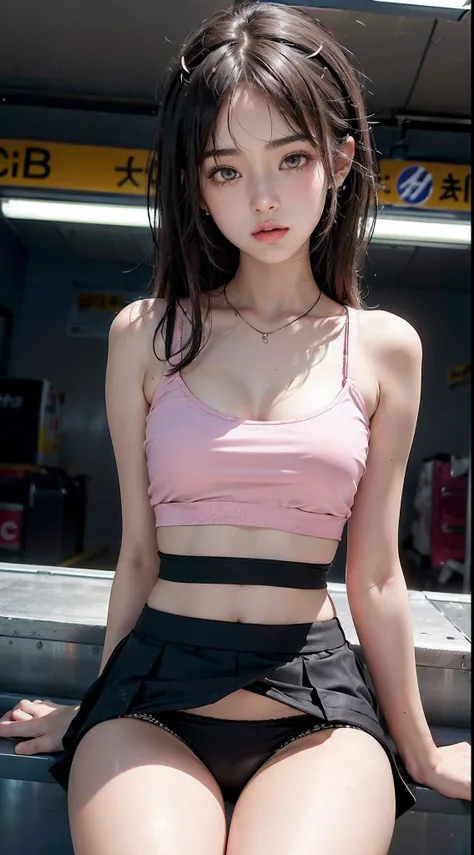 a 18 year old girl, Sitting at a desk in a convenience store, Bokeh, Perfect Figure, (((Hand-lifted skirt,Black panties, I can see the panties))), ((My eyes crossed, captivating)), Short T-shirt, slim tummy, (pink mini skirt),(Spread your legs)