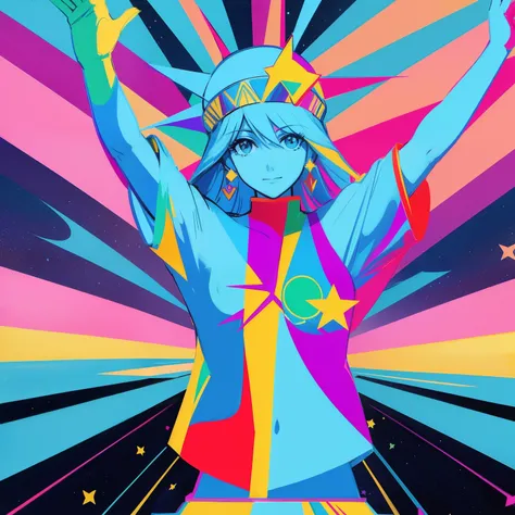 Peace sign in the sky with diamonds, Statue of Liberty in the style of peter max