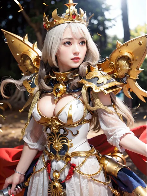 Professional , ​masterpiece、top-quality、photos realistic , depth of fields 、(A dark-haired) 、（Gemstone White Metal Body:1.９),(Matte White、Jewel Gold Weapon（Jewel Metal Body:1.４),Gorgeous metal weapons ,（（ Detailed and gorgeous sword of the brave）） ,Light E...