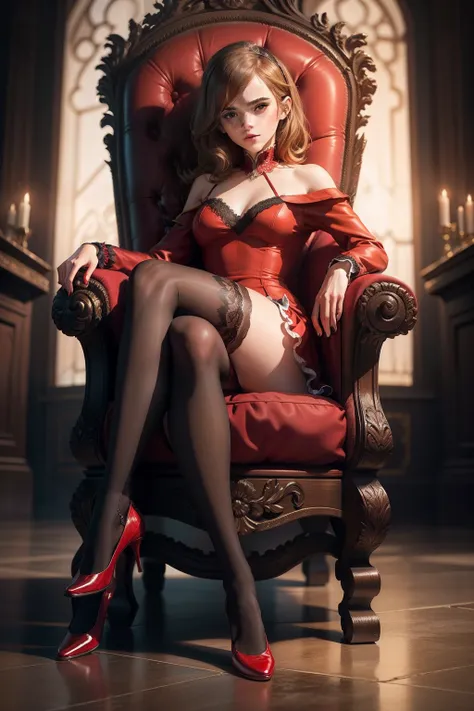 Emma Watson，Raised sexy，Long legs，your jade feet，Red stockings，Bare lace all over，Red knee-length socks，Sit on the throne，Realistic red stockings，Domineering expression