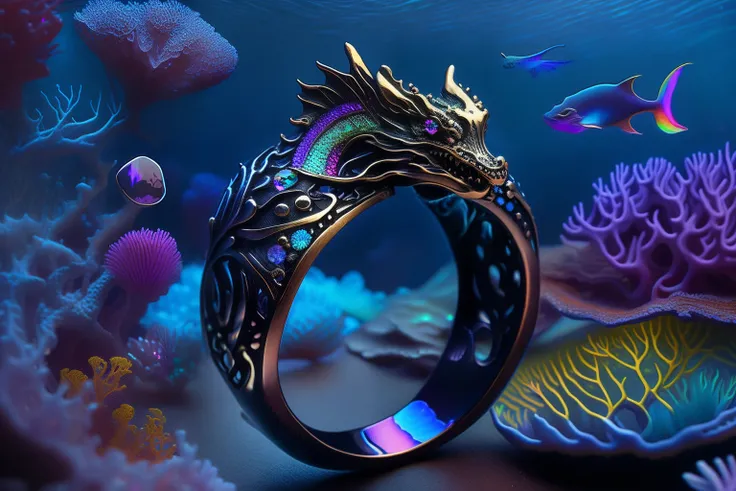 intricate underwater world with intricate darkest, (dragon ring with iridescent:1.3), airbrush multilayered art, beautiful, high contrast, 16k, very intricate detailed painting, detail to detail background, smooth and flawless skin, very intricate detailed...