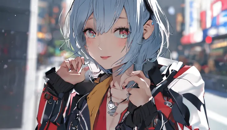 randome pose、mix4、(8K、RAW Photography、top-quality、​masterpiece:1.2)、(blue hairs、piercings、realisitic、1girl in、cute little、A city scape、natta、Sateen、wet​、profetional lighting、photon maping、Radio City、Based on physical rendering、Gradient black hair、white hai...