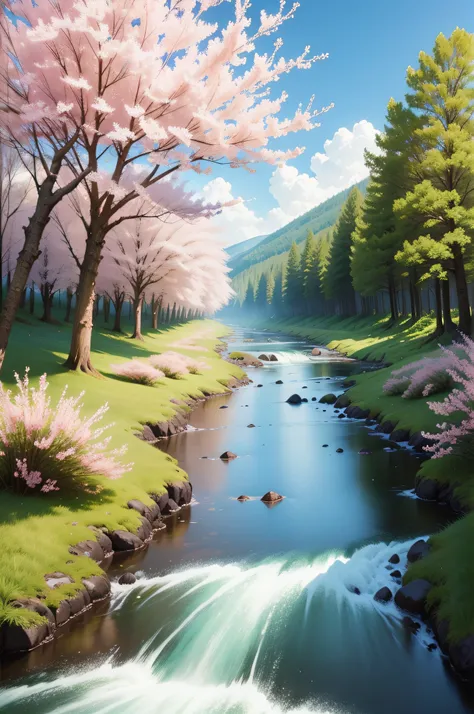 Pink peach blossom forest，green meadows，Dreamy，blue-sky，The stream is gurgling