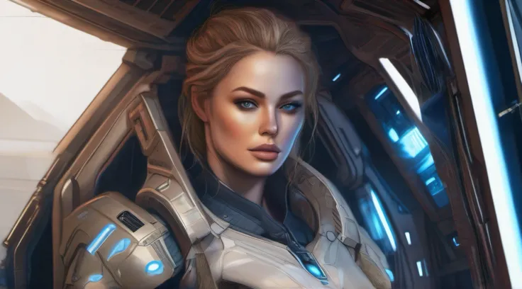 a beautiful female warrior from the future, blue eyes, big breasts, delicate face, perfect body, tight-fitting suit, piloting the Nostromo