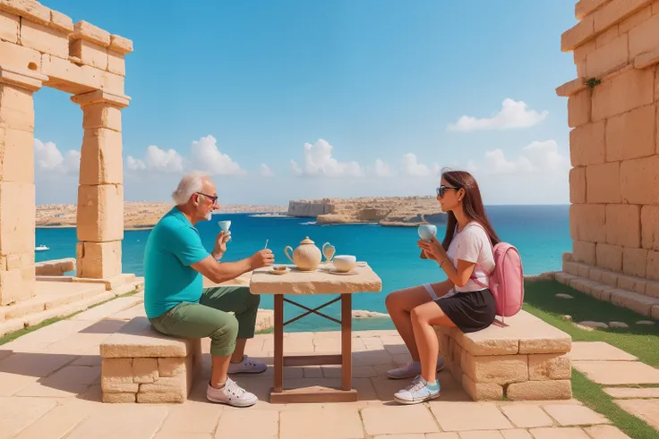 Year: 2023
Country: Malta
Description: Amid the ancient Megalithic Temples of Ħaġar Qim, an adult couple enjoys a quiet moment. They sip tea from pastel-hued ceramic cups and converse on a stone bench, surrounded by the rich history of Malta.