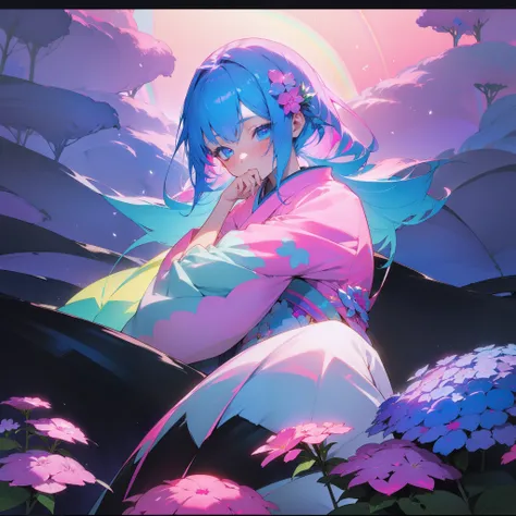 (Beautifully Aesthetic:1.2)、(1girl in:1.3)、(Blue and pink colorful hair:1.2)、Wearing a colorful kimono in blue and pink、hortensia、Hydrangea flowers、colourfull、Sateen、rainbows、Mystical、Beautiful Landscapes、Top image quality、Beautiful world、Rainbow Goddess