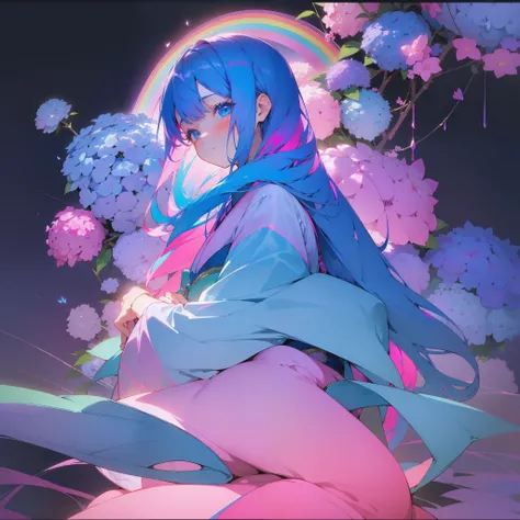 (Beautifully Aesthetic:1.2)、(1girl in:1.3)、(Blue and pink colorful hair:1.2)、Wearing a colorful kimono in blue and pink、hortensia、Hydrangea flowers、colourfull、Sateen、rainbows、Mystical、Beautiful Landscapes、Top image quality、Beautiful world、Rainbow Goddess