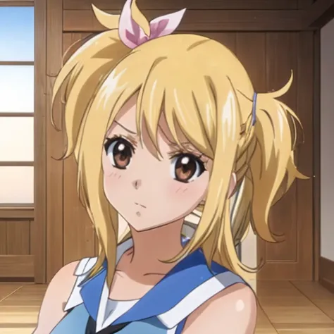 1girl, lucy heartfilia, solo, blonde hair, brown eyes, long hair, indoors, looking at viewer, anime coloring, parody, side ponyt...