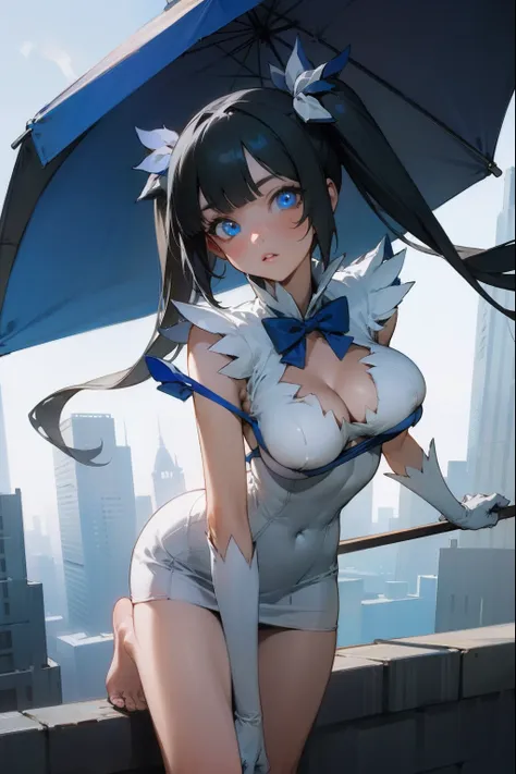 danmachihestia, hestia, blue eyes, black hair, twintails, 
break barefoot, blue bow, blue bowtie, bow, bowtie, cleavage, cleavag...