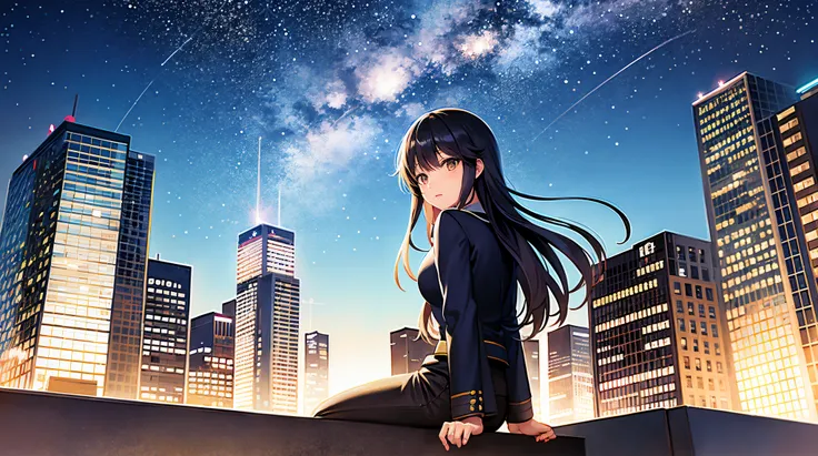 octans, sky, star (sky), scenery, starry sky, night, 1girl, night sky, solo, outdoors, signature, building, cloud, milky way, sitting, tree, long hair, city, silhouette, cityscape