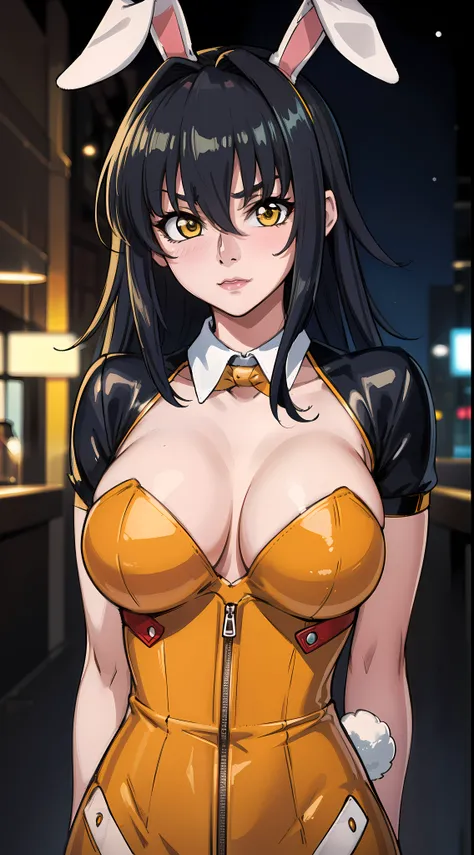 professional artwork, Intricate Details, field of view, sharp focus, detailed painting, photorealistic lighting, trending on pixiv, Standing at attention,(bunny costume:1.5), black hair,very long hair, Bangs,yellow eyes,makeup, lipstick, 35yo,mature female...