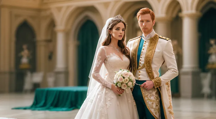 Alexandra Moen with light brown hair in a princess style with a white wedding dress and bright jewels getting married in the castle palace realistic princess outfit next to Damian Lewis in prince costume navy blue groom outfit with beige they are getting m...