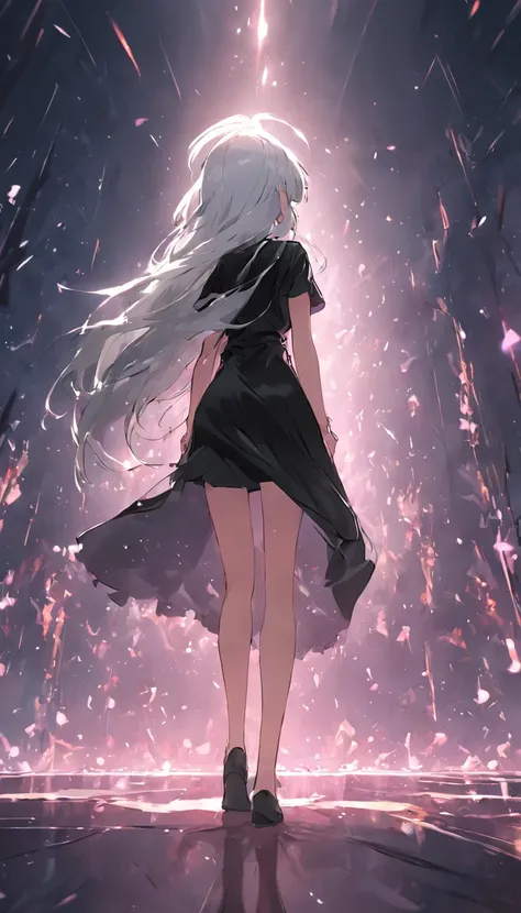 White hair wearing black dress girl back