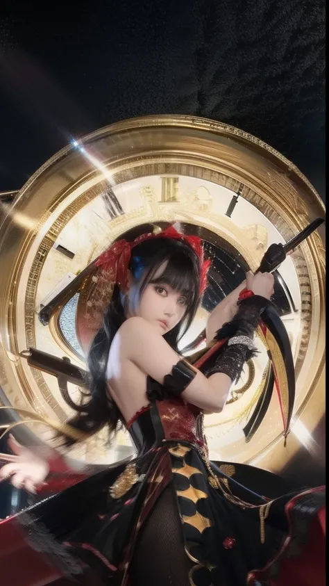 1girl, Kurumi Tokisaki, black hair, black mixed red dress, red eye color on the right yellow eye color and eye on the left, giant gold clock decoration, weapon in his hand, super detail, ultra detail