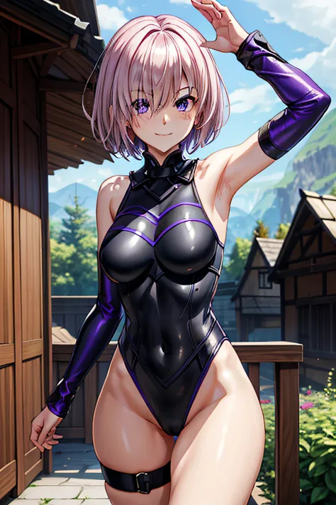 mash_kyrielight(fate_grandorder), 1girl, ​masterpiece、top-quality、Black Leotard、Purple eyes、Pure、downy、ssmile、{A sexy}、seminude、crotch、小柄、outside of house、