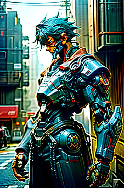 Dark_Fantasy,Cyberpunk,(chain saw,chain saw man,Red:1.1),1man,Mechanical marvel,Robotic presence,Cybernetic guardian, wearing a worn-out mech suit, intricate, (steel metal [rusty]), elegant, clear focus, shot by greg rutkowski, soft lighting, vibrant color...