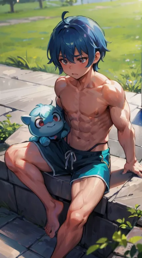 younge boy，Barefoot，Abs，adolable，musculature，A blue-haired，Sit on the lawn，Boy，Cute boy，bare-legge，((Muscles child))，Healthy Boy，((chest muscle)), red-eyes,  Dragon tattoo on chest