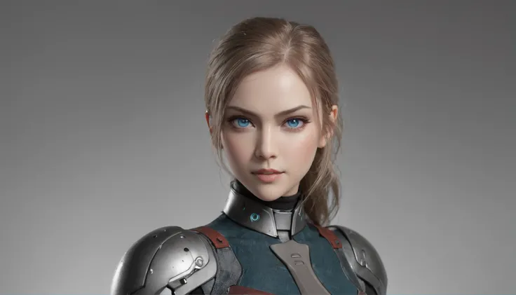 a beautiful female warrior from the future, blue eyes, big breasts, delicate face, perfect body, tight-fitting suit, piloting the Nostromo