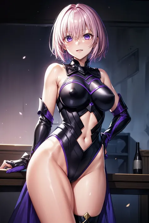 mash_kyrielight(fate_grandorder), 1girl, ​masterpiece、top-quality、Black Leotard、Purple eyes、Pure、{downy}、ssmile、{A sexy}、seminude、crotch、小柄、base、