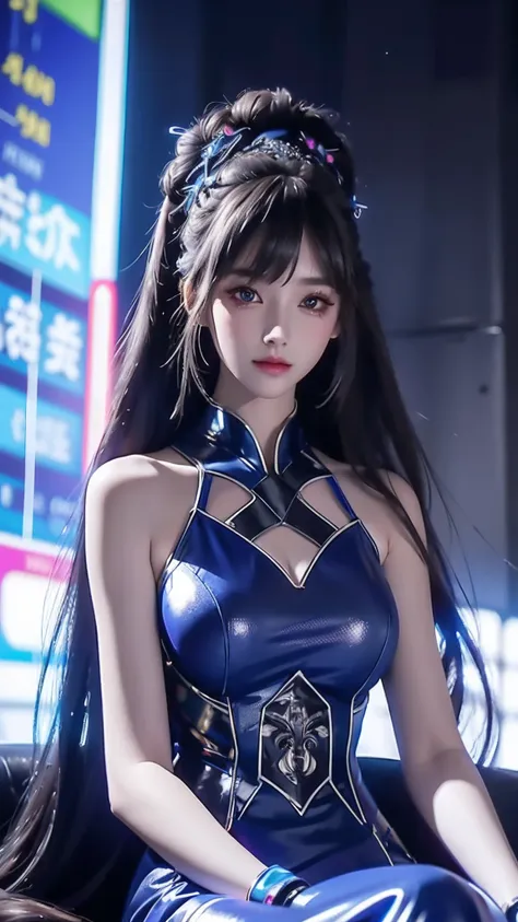 4k ultra hd, masterpiece, high details, a girl, cute face, detailed eyes, long hair, blue neon lights on dress, cyberpunk blue d...