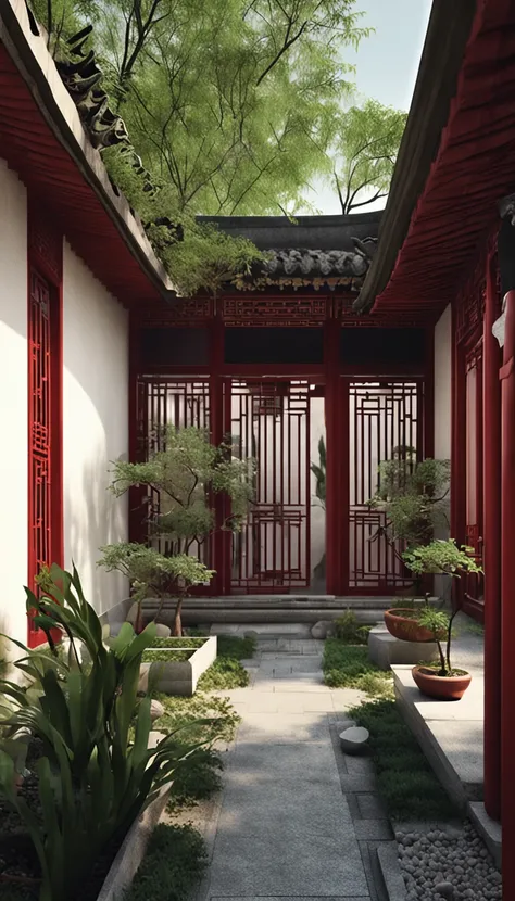 Chinese Garden，After entering the courtyard，You will see a spacious and tidy courtyard。The floor of the courtyard is paved with stone slabs，It is surrounded by bamboo。A variety of green plants are planted in the corner of the courtyard，Such as flowers and ...