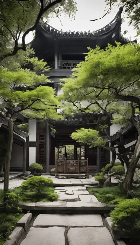 Chinese Garden，After entering the courtyard，You will see a spacious and tidy courtyard。The floor of the courtyard is paved with stone slabs，It is surrounded by bamboo。A variety of green plants are planted in the corner of the courtyard，Such as flowers and ...