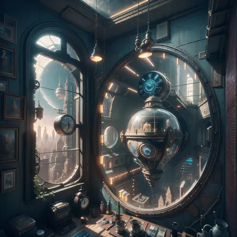 There is an ornate bedroom in the style of Versailles with a big historical window. A hyperrealistic cyberpunk dreamscape cityscape is in the window. The cityscape is extremely detailed with many lights and LED neon colors and buildings of many different s...