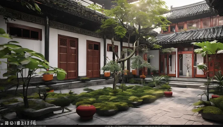 wide wide shot，Chinese Garden，After entering the courtyard，You will see a spacious and tidy courtyard。The floor of the courtyard is paved with stone slabs，It is surrounded by bamboo。A variety of greenery is planted in the corner of the courtyard，Such as fl...