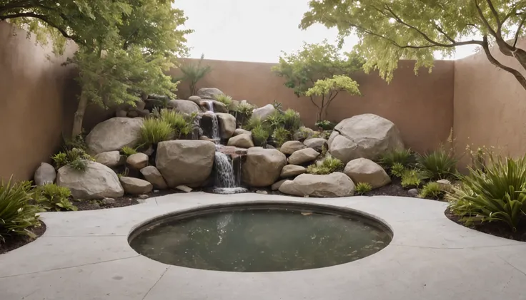 MidJourneyPrompt: A modern courtyard with a fish pond by the wall, featuring a beautiful artificial mountain, realistic. (serene, tranquil, lush, contemporary, inviting). (DSLR). (wide-angle lens). (daytime). (minimalist). (color film).