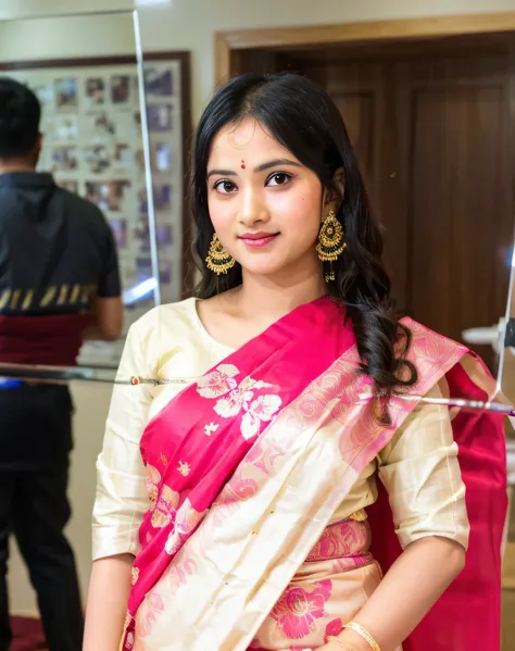 a woman in a sari posing for a picture in front of a mirror, traditional beauty, wearing bihu dress mekhela sador, assamese aest...