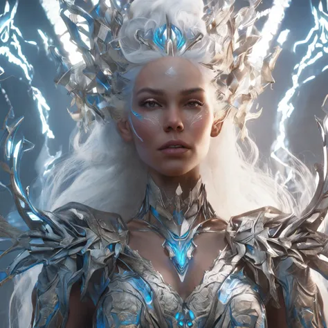 A white-haired and lightning goddess of ice surrounded her, nice perfect face with soft skinice perfect face, Concept art portrait by Greg rutkowski, Art germ, Ultra-detailed and intricate Gothic art trends in Artstation ternary colors, Fantastical, intric...