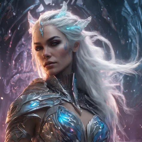 A white-haired and lightning goddess of ice surrounded her, nice perfect face with soft skinice perfect face, Concept art portrait by Greg rutkowski, Art germ, Ultra-detailed and intricate Gothic art trends in Artstation ternary colors, Fantastical, intric...