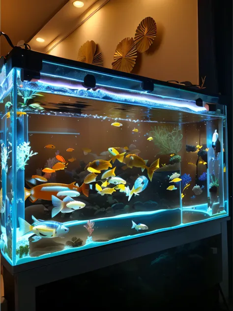 There are a lot of fish in the aquarium，full of lights, fish tank, aisles of aquariums, big aquarium, lamp lights ( ( ( fish tank ) ) ) ), Aquarium, A huge glass jar, golden fish in water exoskeleton, fishes floating in bedroom, aqua volumetric lights, Exc...