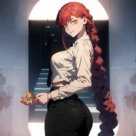 Detailer, perfect breasts, thick thighs, perfect ass, athletic body, Evil smile, white shirt, black formal pants, loose tie, red hair, Long hair, (((Golden iris))), ((Ringed iris))