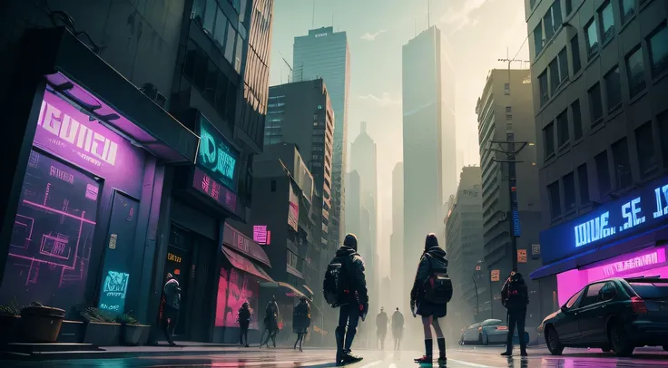 Programmers on streets with tall buildings and graffiti，In the style of cyberpunk