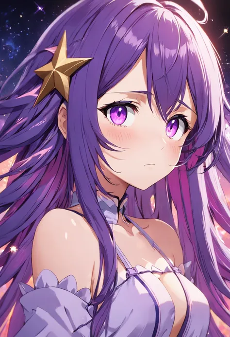 Hoshino Ai, long hair, purple hair, streaked hair ,purple eyes, star-shaped pupils, hair ornament,