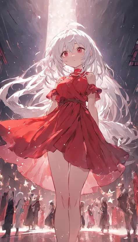 White hair wearing red dress girl