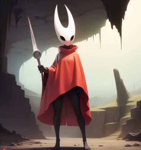 hornet, cute, chibi, no feet, furry female, anthro, needle weapon, thread, standing, solo, red cloak, (best quality), (detailed dark cave background:1.2), looking at viewer, holding weapon, flat colors,