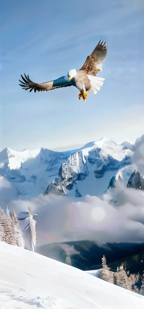 There was a bird flying over the snowy mountains, an eagle flying, Inspiring aerial views, Extremely high resolution, hawk, soaring through the sky, An eagle, High hills, High in the mountains, eagle, Bald Eagle, Fly over the clouds, Snowy mountain backgro...