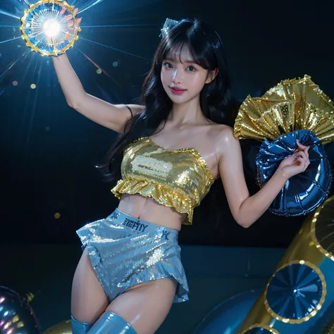 masutepiece,A hyper-realistic,32K,the Extremely Detailed CG Unity 8K Wallpapers, Best Quality,Gorgeous Korean Woman,((Golden Sequin Tube Top)),((Colorful long hair)),gal make,Mouth open,(((Wearing light blue latex ruffled panties))),In a bright bar,(bottom...