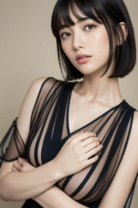 top-quality、​masterpiece、超A high resolution、1girl in,Solo,Raw photo,Real person, Detailed skin,Japanese,Black hair、bangs with a thin bunch,,Fetishes, short-cut, Floating hair, put hands on the hip,The upper part of the body、Chiffon blouse、TOKYOcty