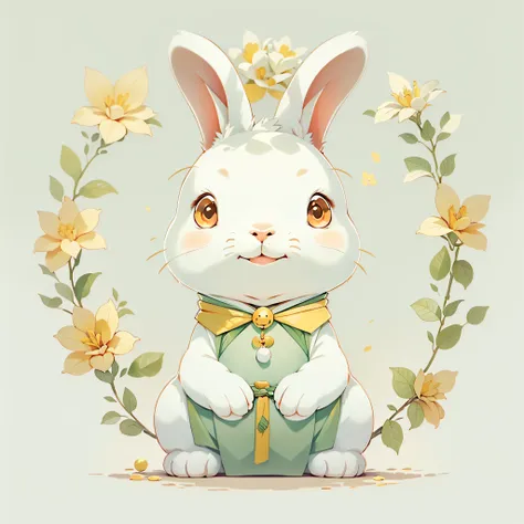 a cute anthropomorphic rabbit，there is a golden osmanthus flower on the head,flat illustration, simple background, （white backgr...