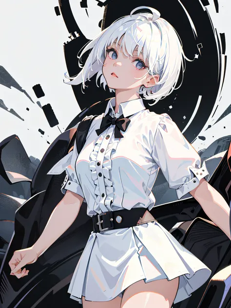 ((masterpiece, best quality)), (1girl), (solo), (female focus), (ahoge, white hair, short hair), black eyes, ((white shirt), (buttoned shirt)), ((black skirt), (short skirt)), standing, white background, arms behind back,