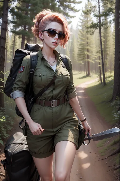 high quality photograph, Scarlett Johansson in military-style clothes, Sunglasses, backpack on the back, A shovel in his hand, in the woods, Sunny day