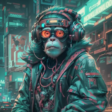 Macaco estilo cyberpunk, com Hadset em seus ouvidos estilo futurista, macaco vestido cyberpunk, imagem estilo neon, estilo vetor, arte de camisetas estampadas, fundo branco