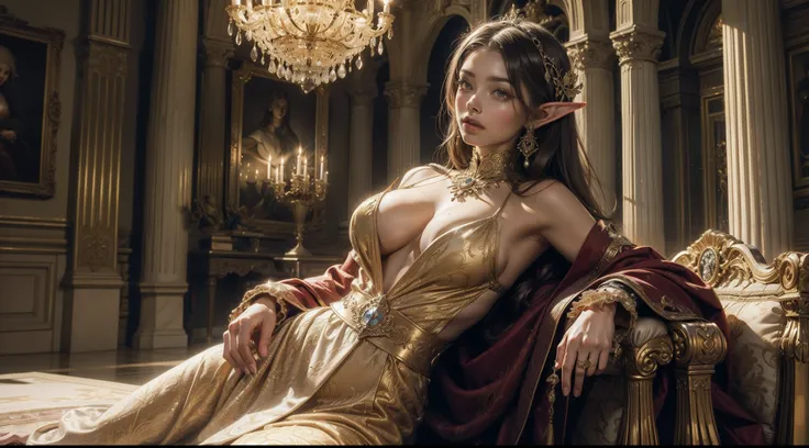 the elf，Large breasts，Robe，complex patterns，ornate decoration，The background is the palace，Mid-range portrait，sexyposture