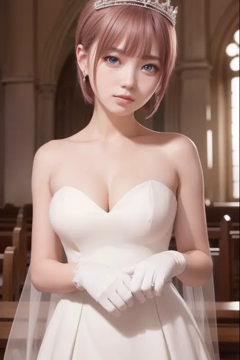 ichikanakano, ichika nakano, short hair, bangs, blue eyes, hair between eyes, pink hair, earrings,
BREAK gloves, dress, cleavage, bare shoulders, collarbone, elbow gloves, white gloves, white dress, strapless, tiara, veil, strapless dress, wedding dress, b...