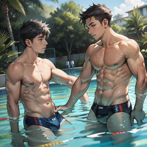 Two boys swimming together，swimmingpool，Raised sexy